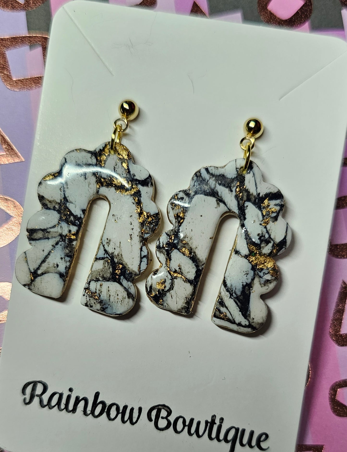 Black and white marble curved arch earrings