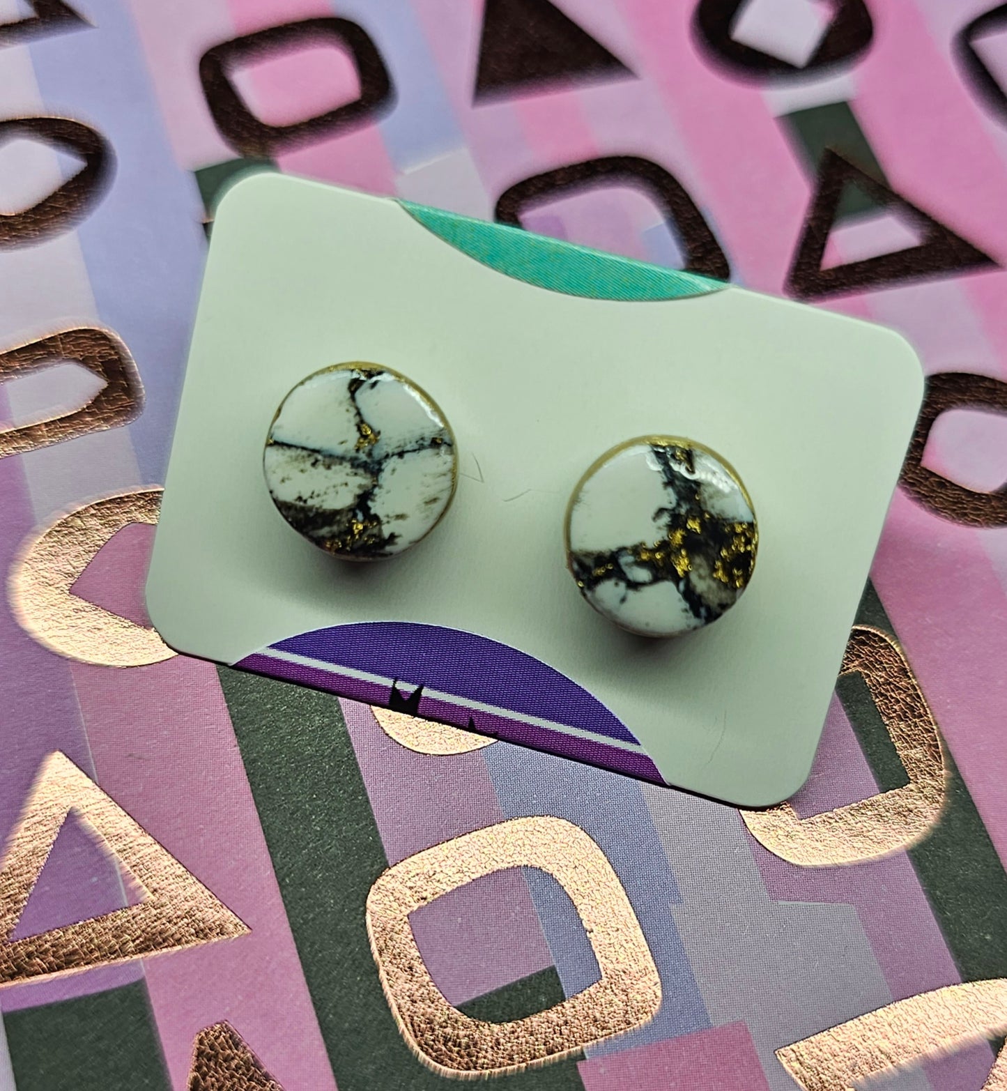 Black and white marble dot stud earrings