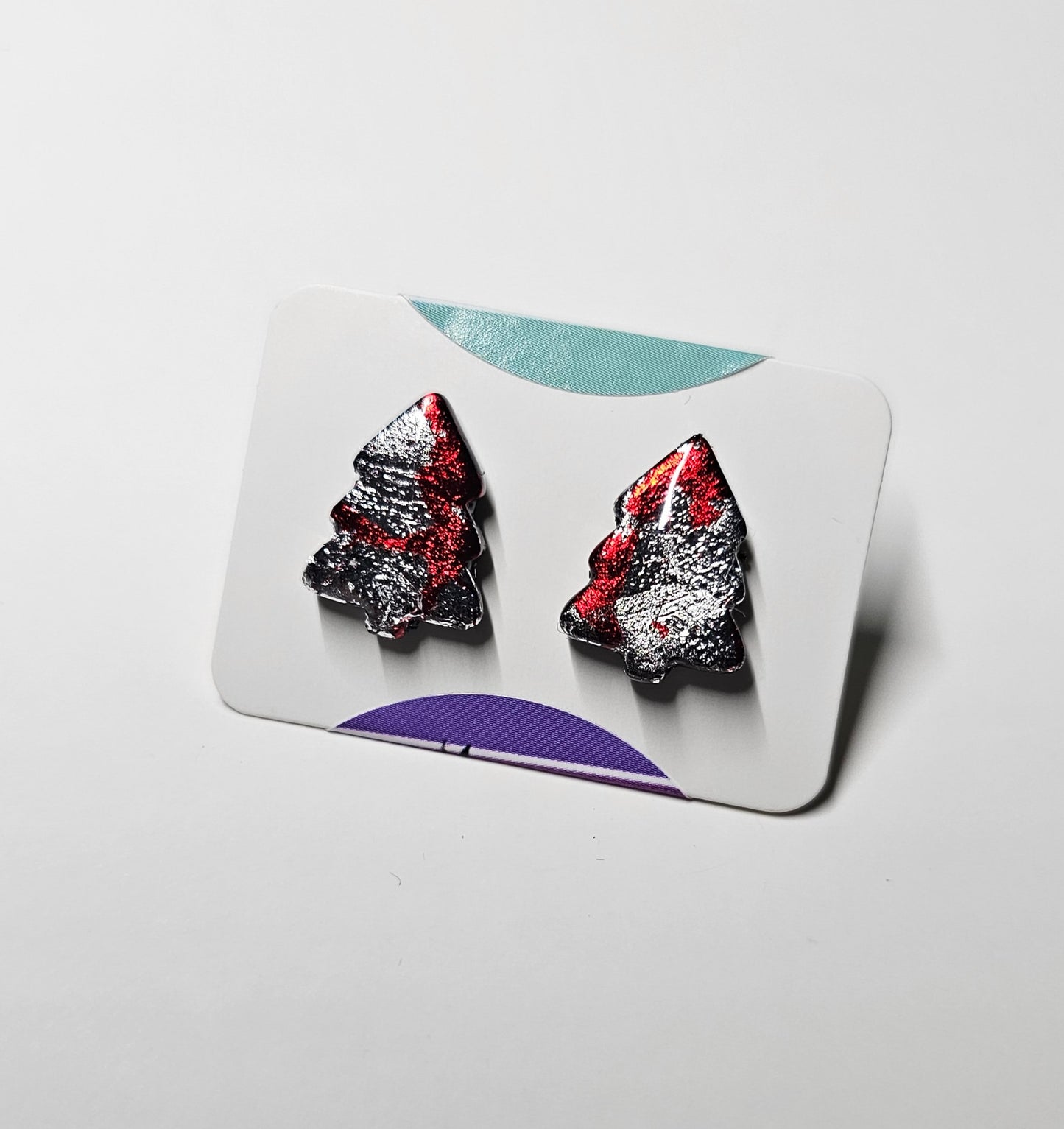 Red and silver foil xmas tree stud earrings