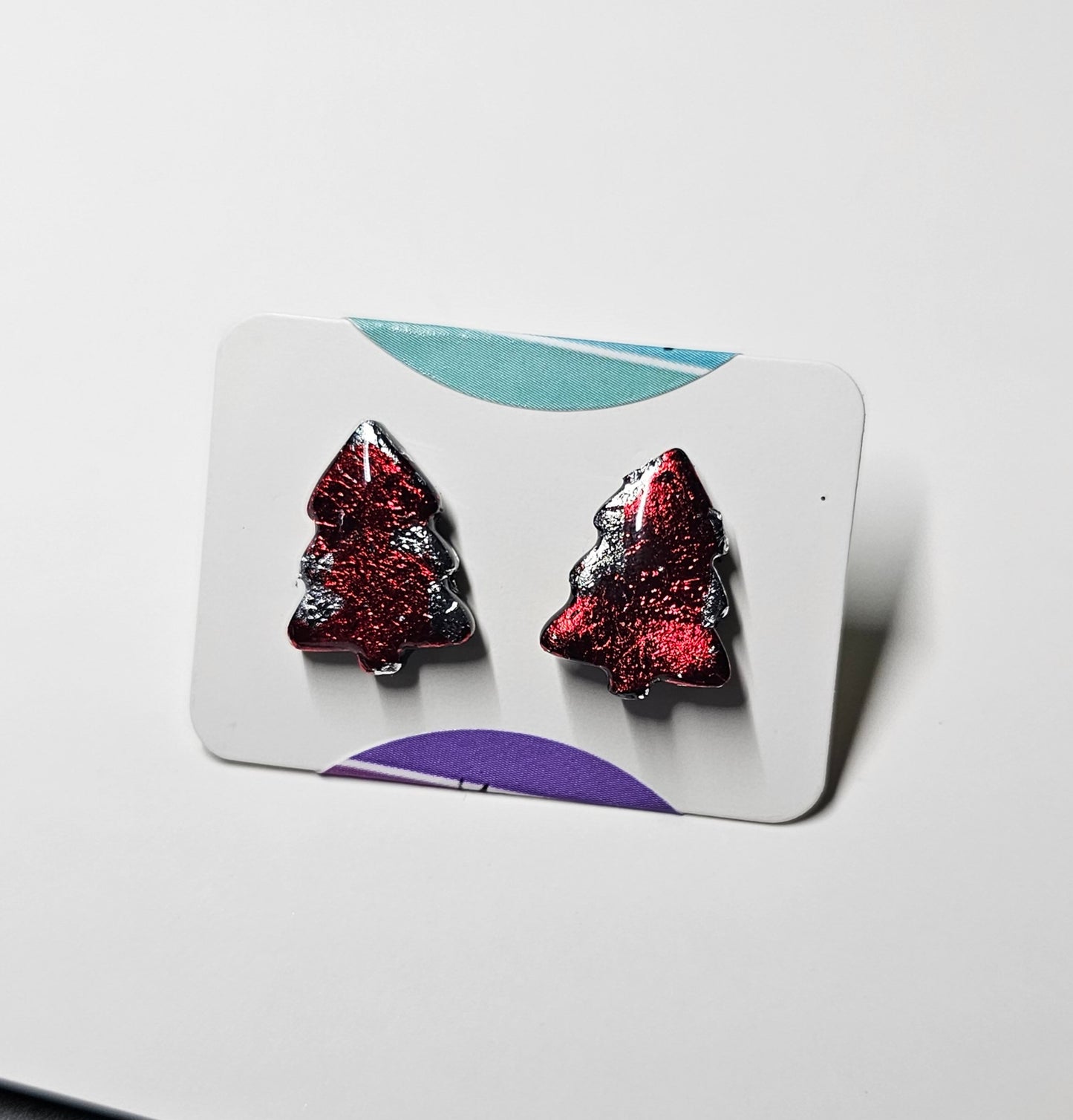 Red and silver foil xmas tree stud earrings