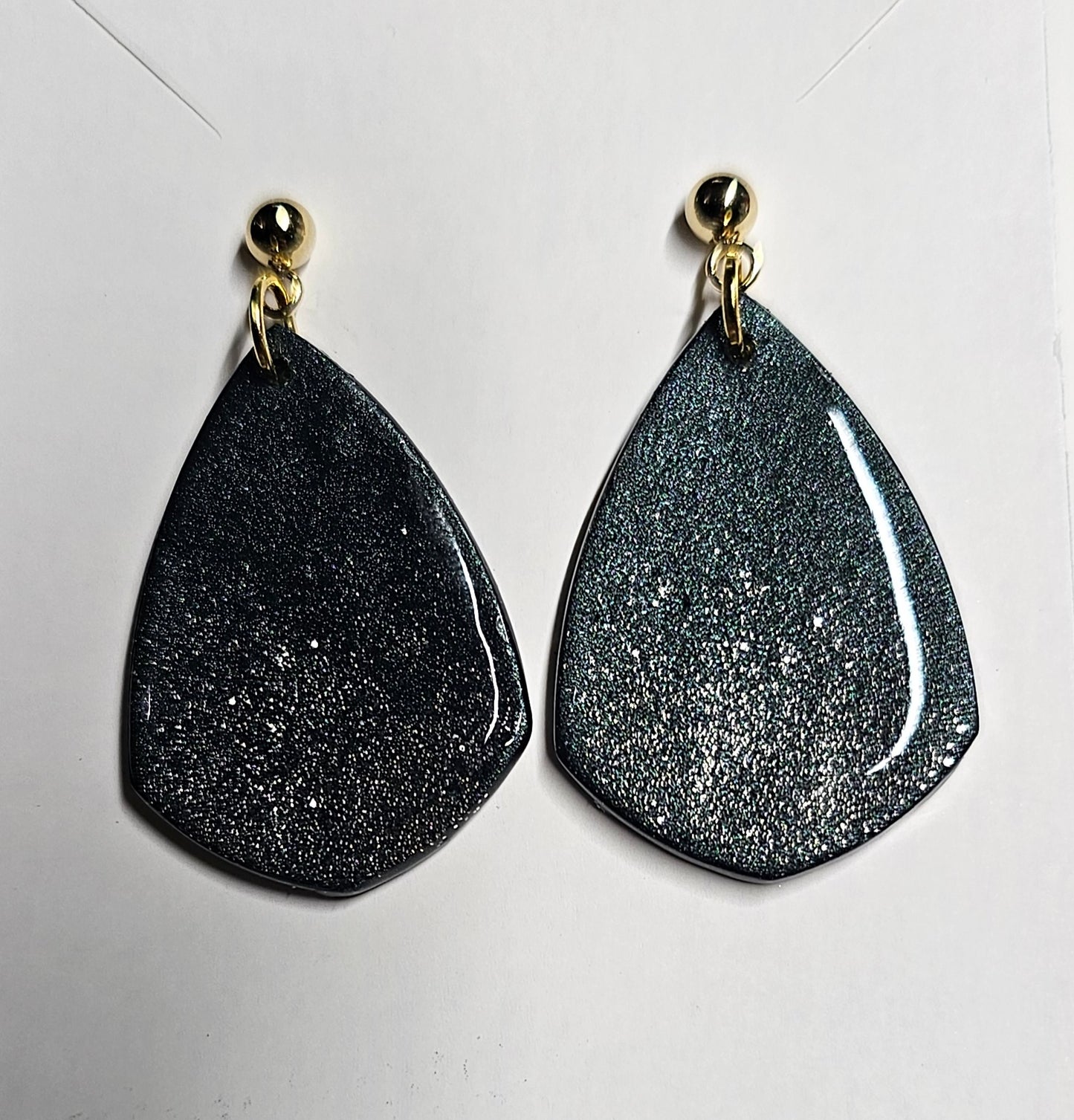 Pearl Black and silver glitter rounded shield earrings