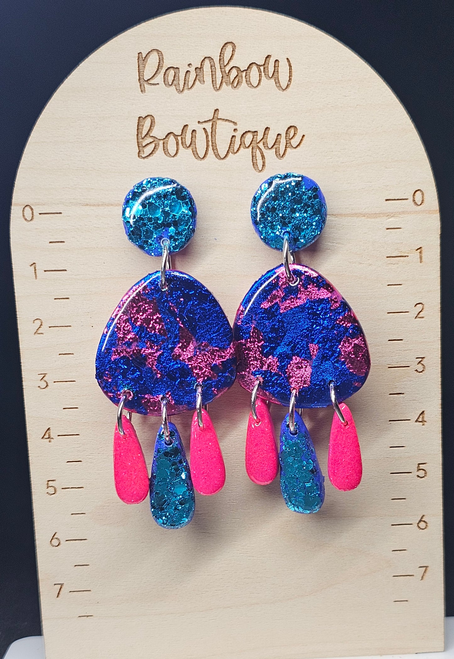 Blue and pink dangly earrings