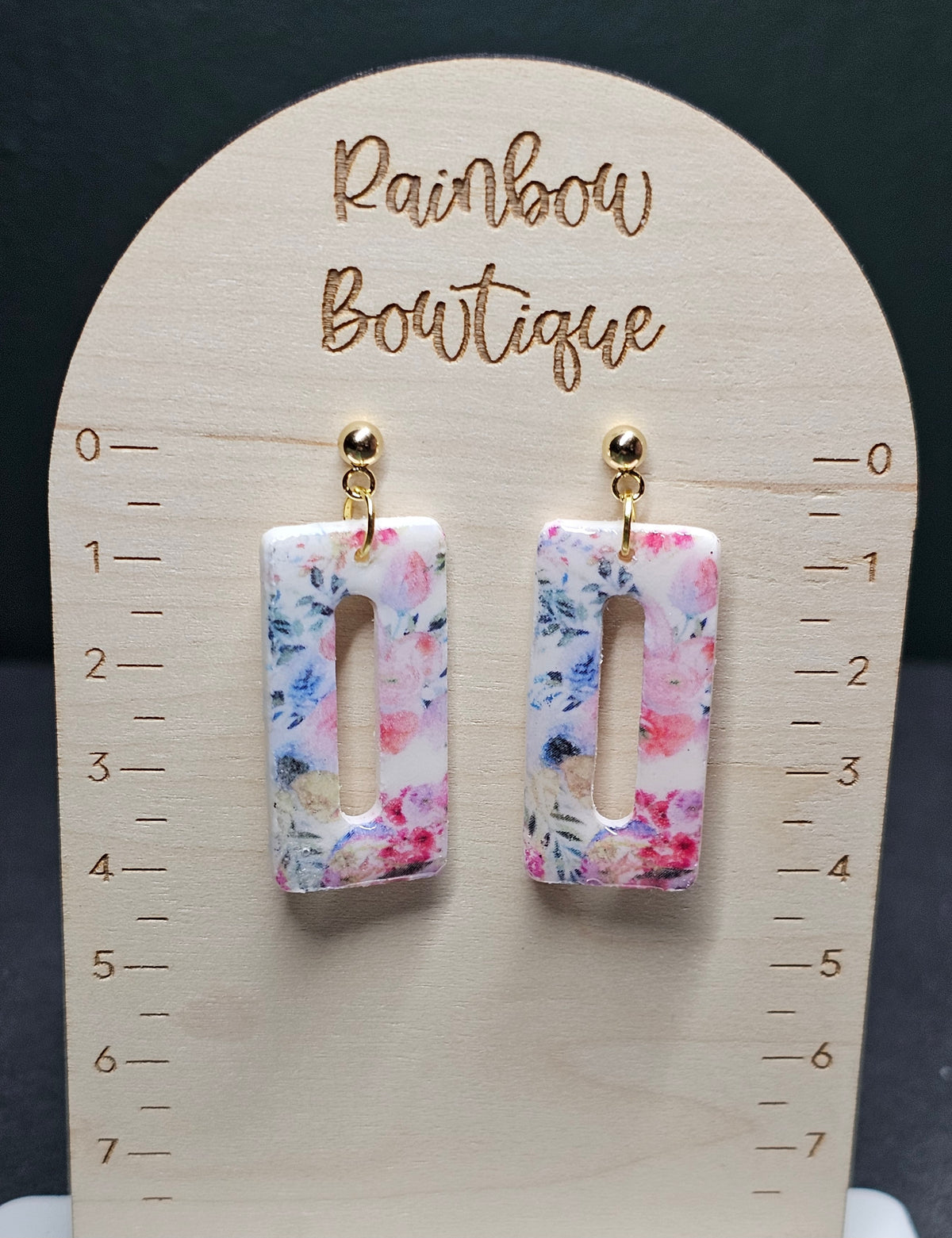 Pink and blue toned flower rectangular earrings