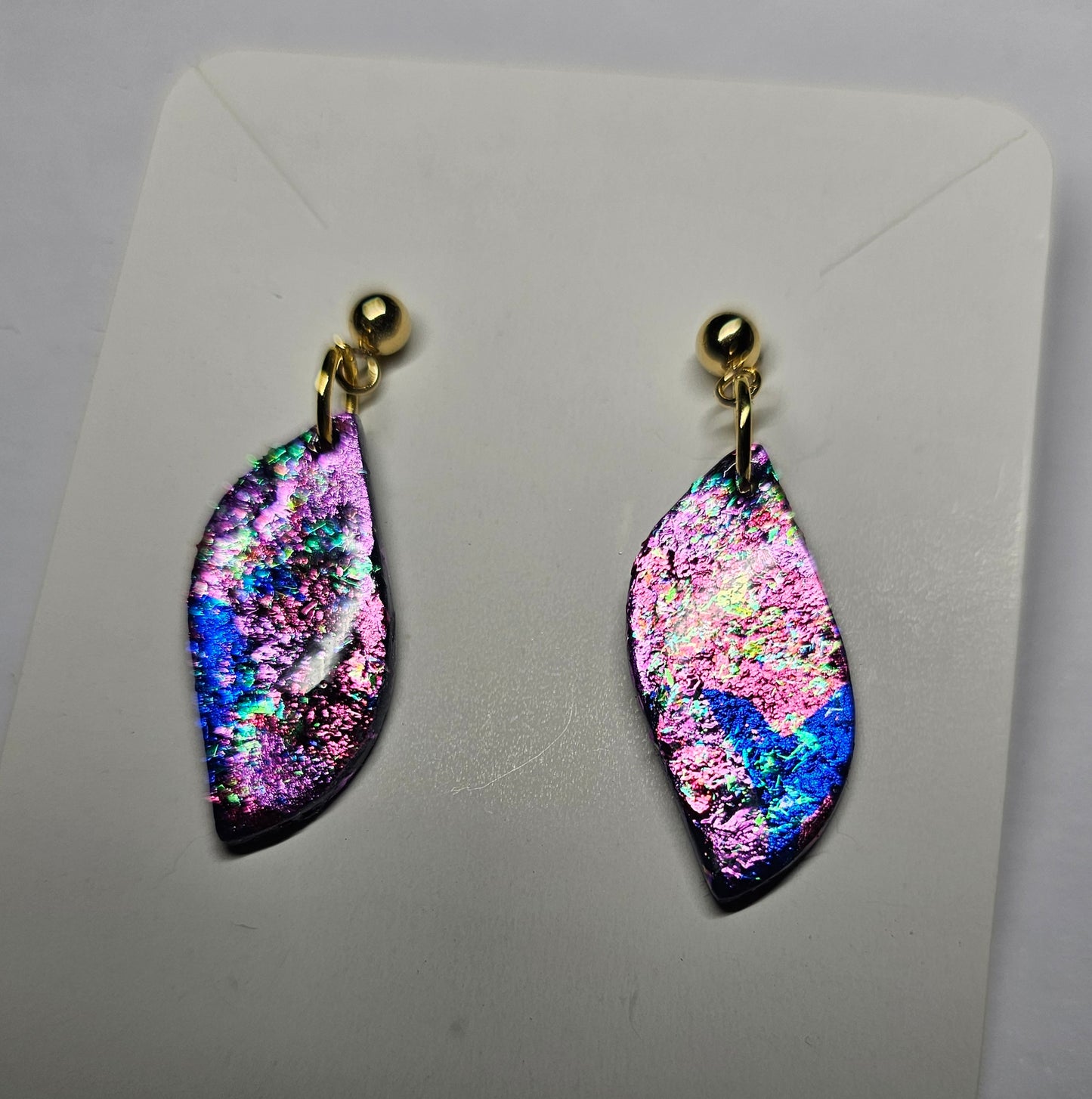 Blue and pink foil dangly earrings