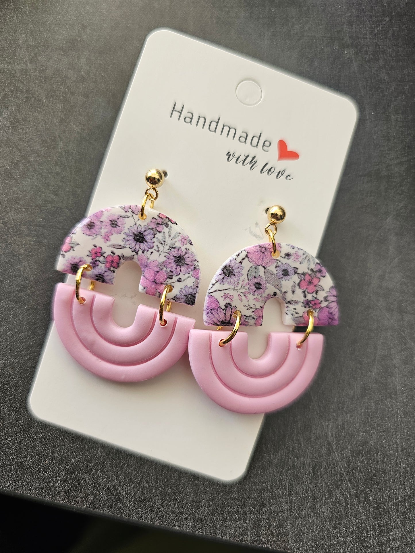 Light pink flowered double oval earrings