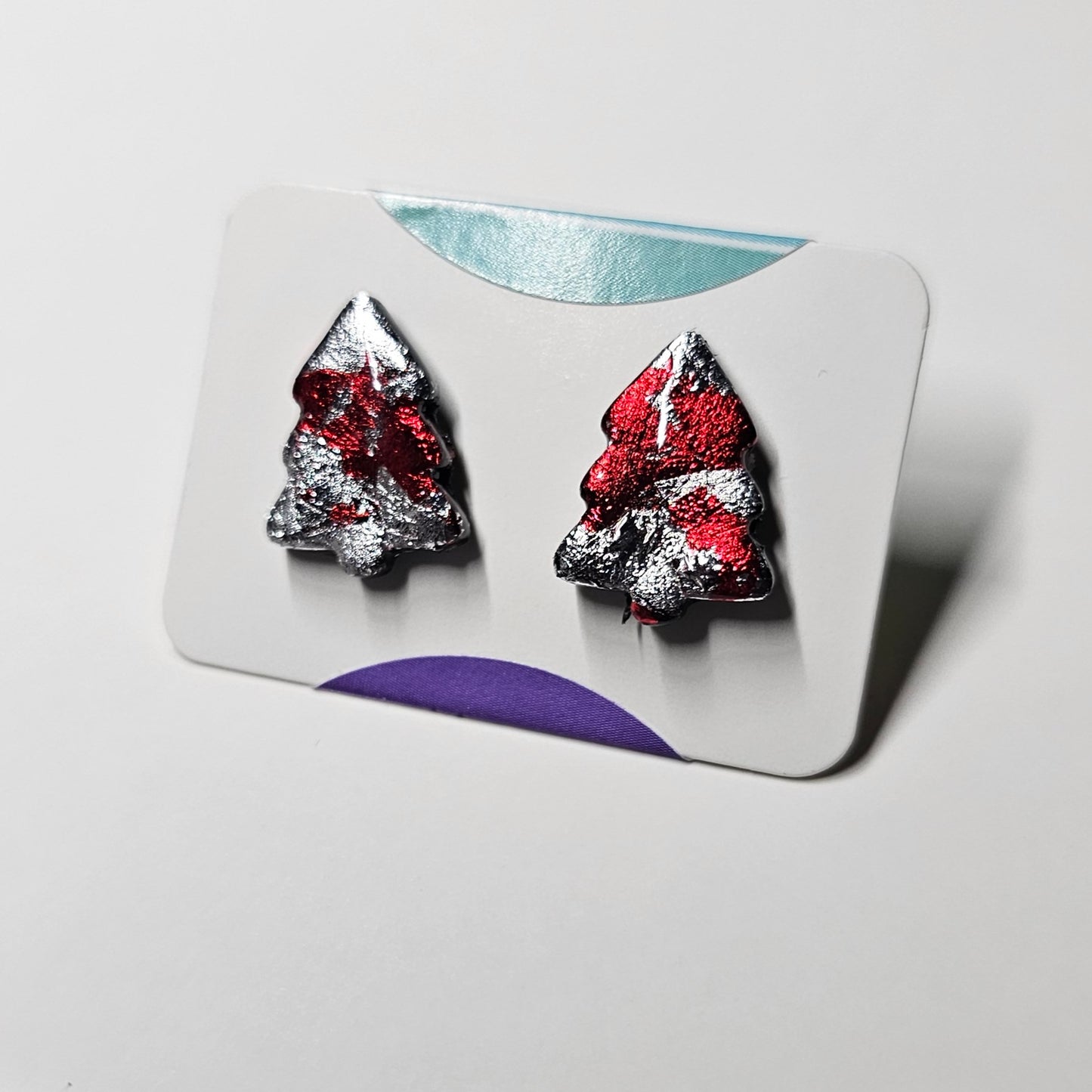 Red and silver foil xmas tree stud earrings