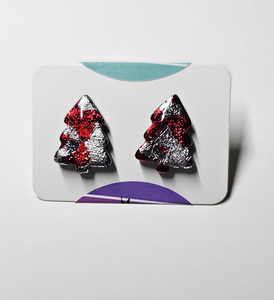 Red and silver foil xmas tree stud earrings