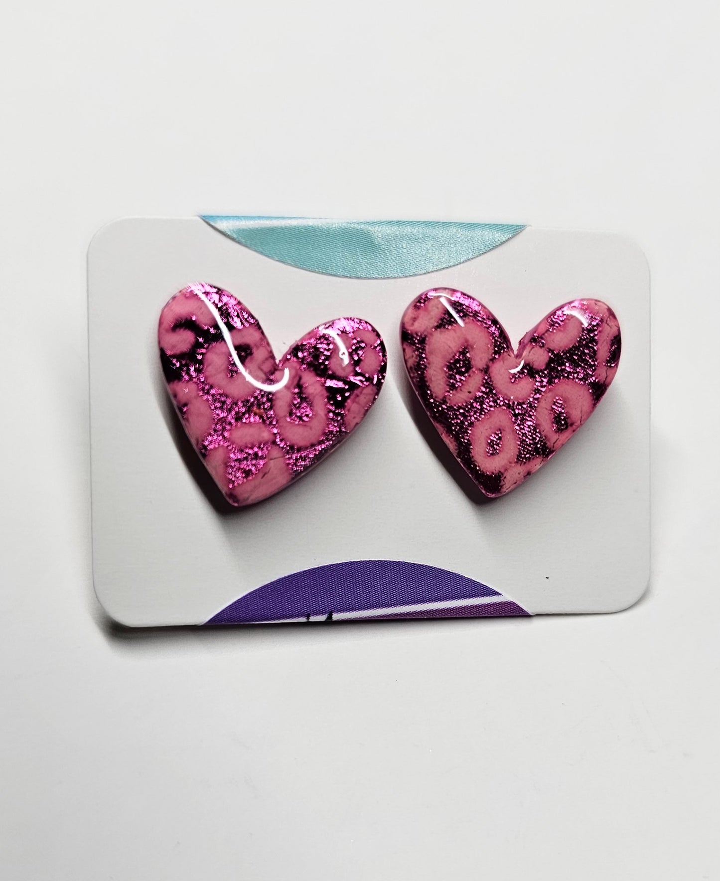 Pink leaf and leopard print heart stud earrings