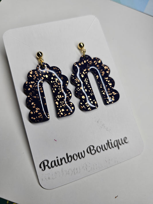 Copper leaf navy curved arch earrings