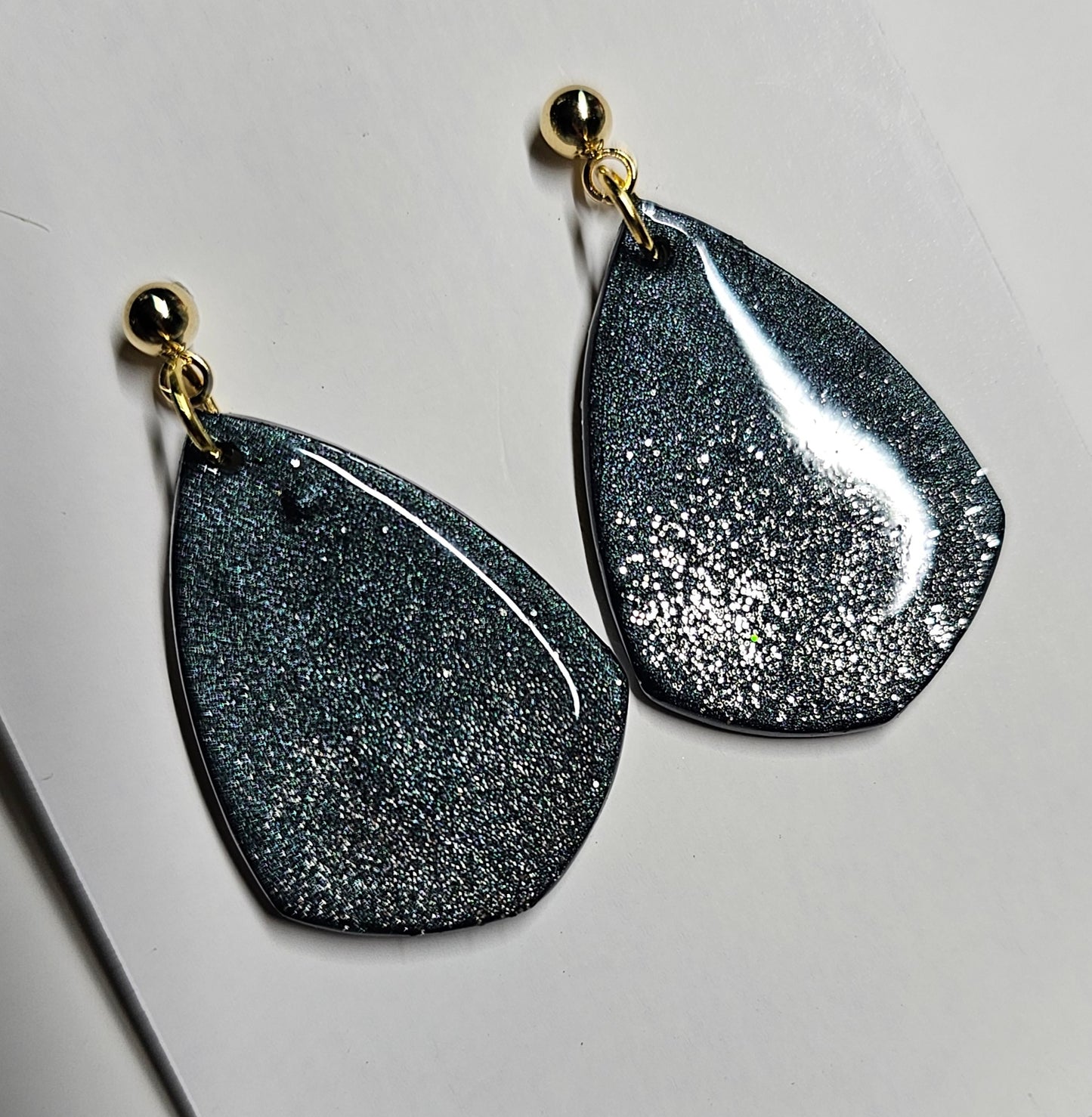 Pearl Black and silver glitter rounded shield earrings