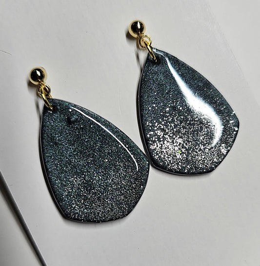 Pearl Black and silver glitter rounded shield earrings