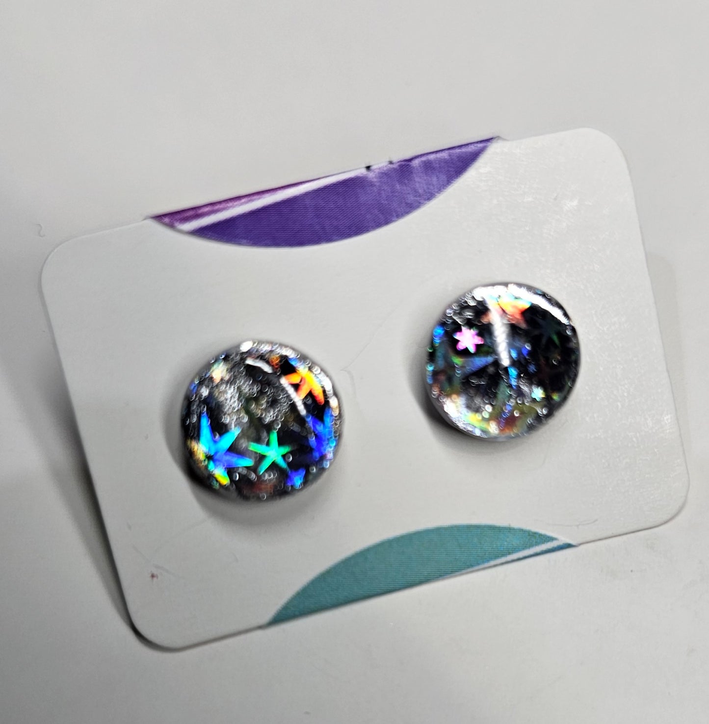 Silver holo star foil dot earring studs