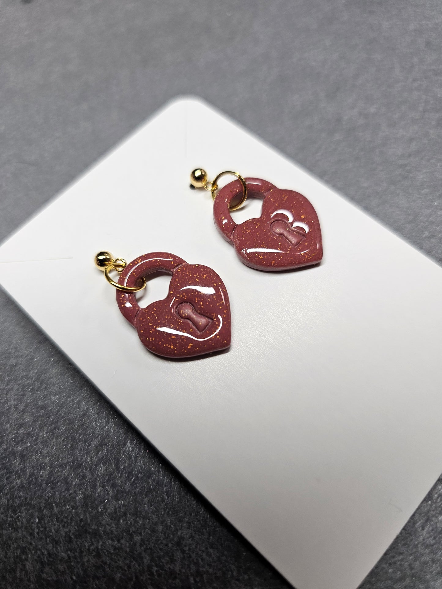 Padlock burgundy and gold heart earrings