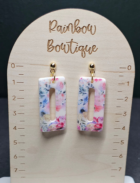 Pink and blue toned flower rectangular earrings