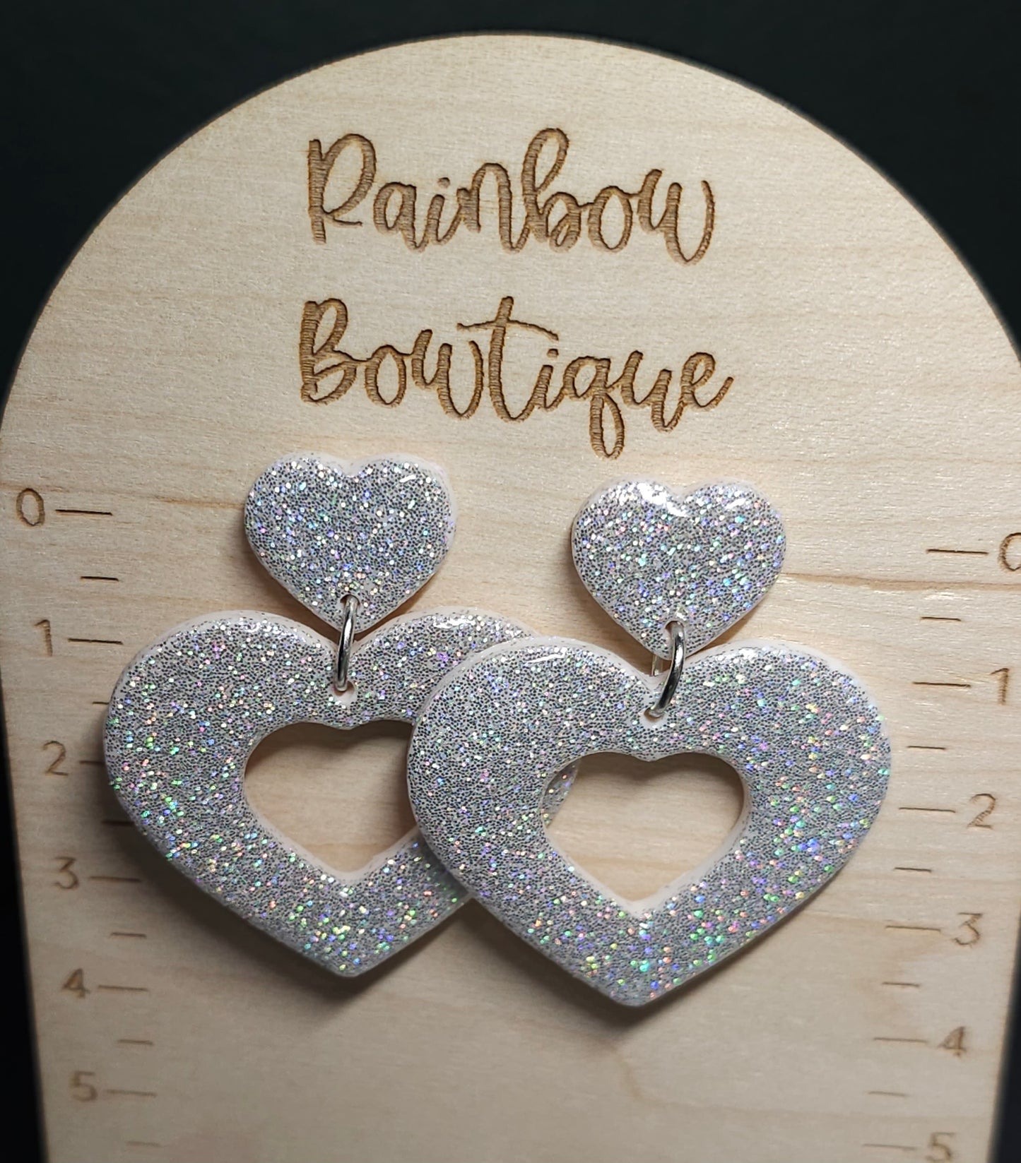 Silver holo double heart earrings