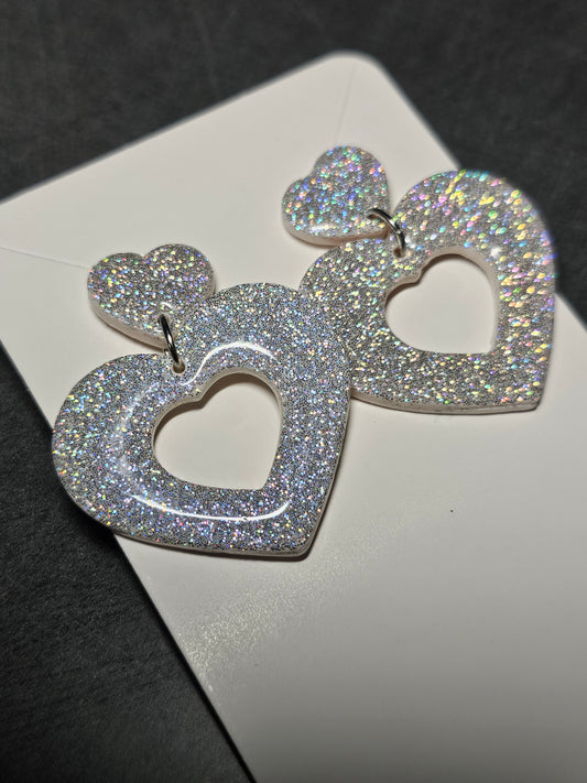 Silver holo double heart earrings