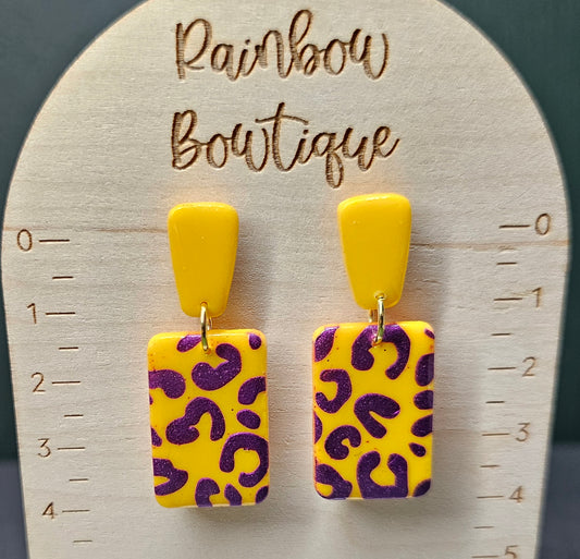 Yellow rectangular leopard print earrings