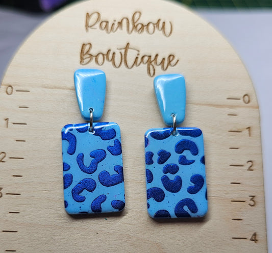 Rectangular blue leopard print earrings