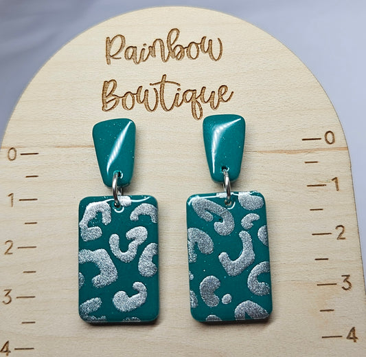 Rectangular green leopard print earrings