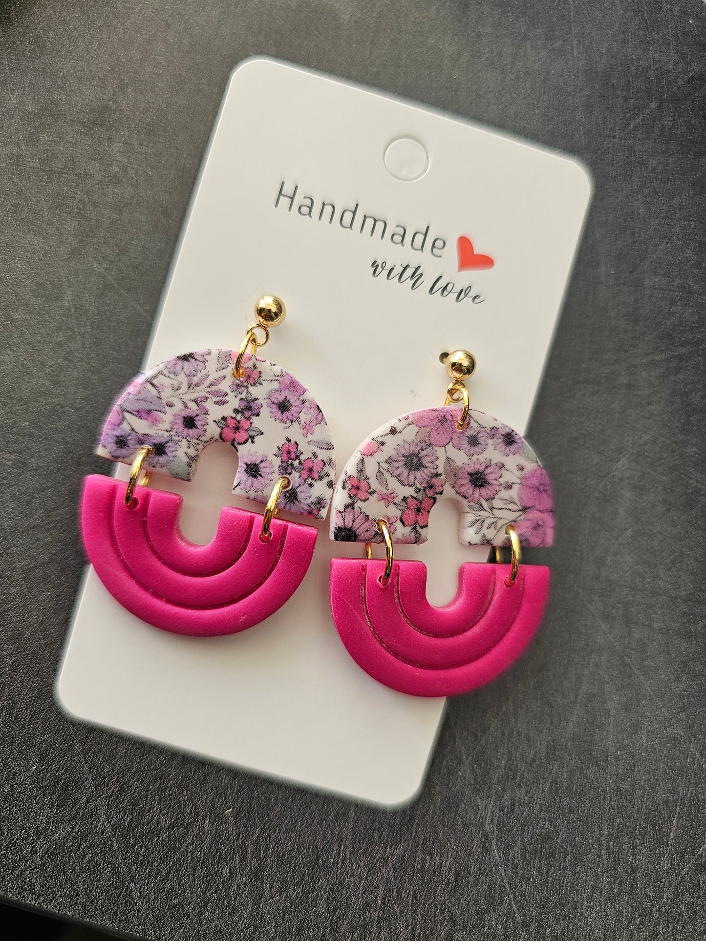 Pink flowered double oval earrings