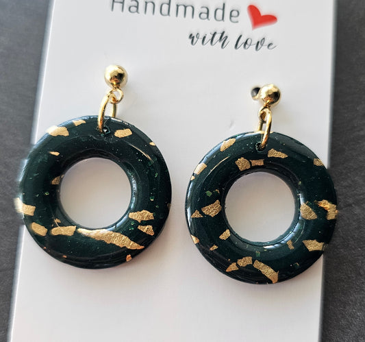 Green and gold donut hoop earrings