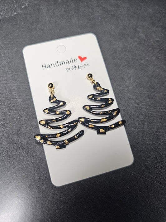 Black and gold wavy xmas tree earrings