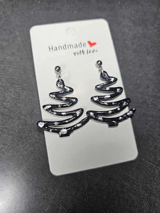 Black and silver wavy xmas tree earrings