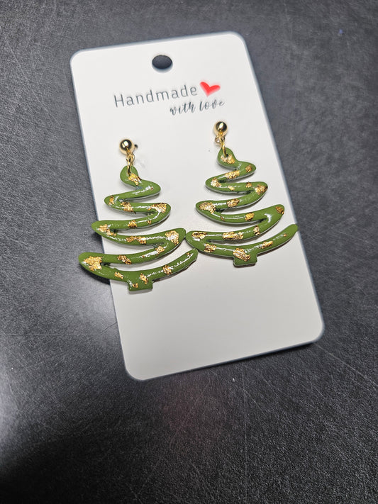 Green and gold wavy xmas tree earrings