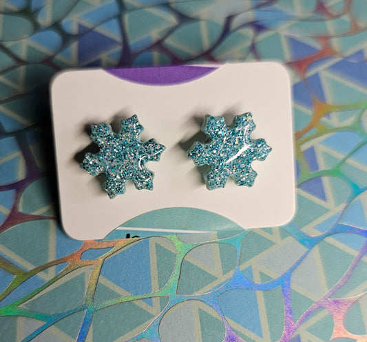 Blue glittered snowflake stud earrings