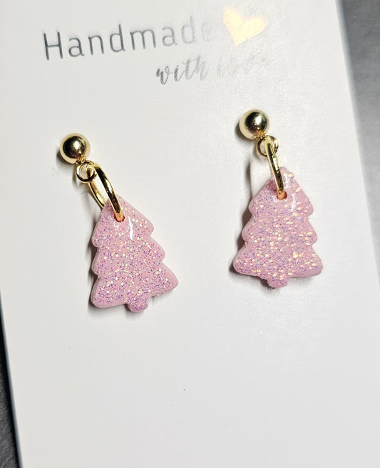 Pink xmas tree dangle earrings