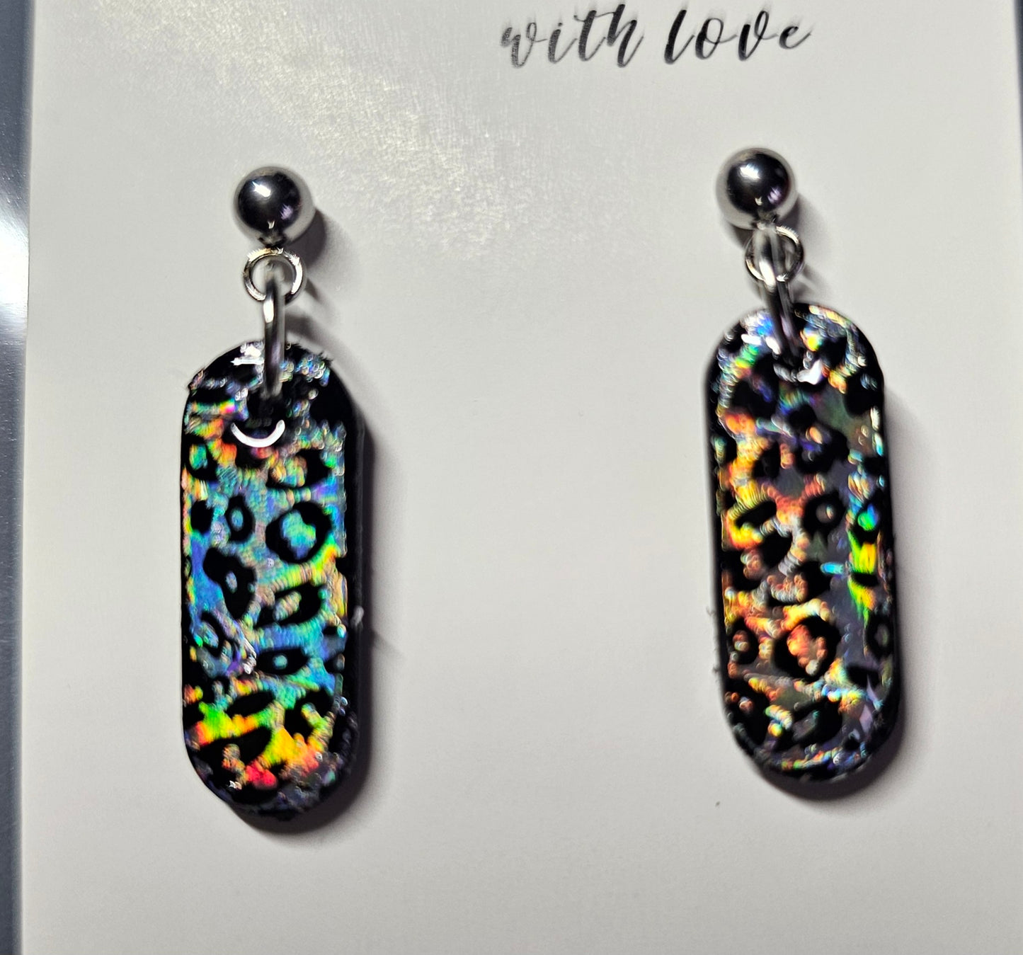 Silver holographic leopard print round drop earrings