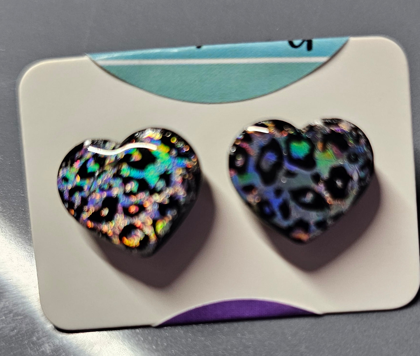 Holo leopard print heart studs