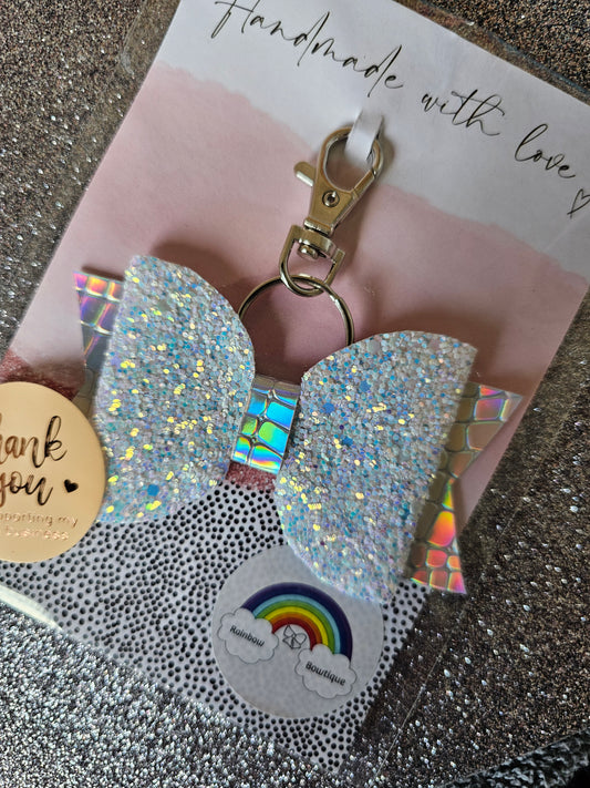 Iridescent silver keyring bow