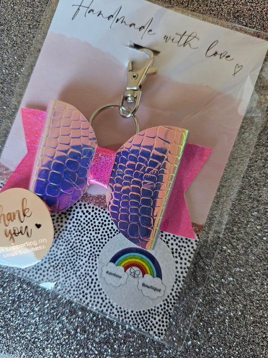 Pink holo bow keyring charm