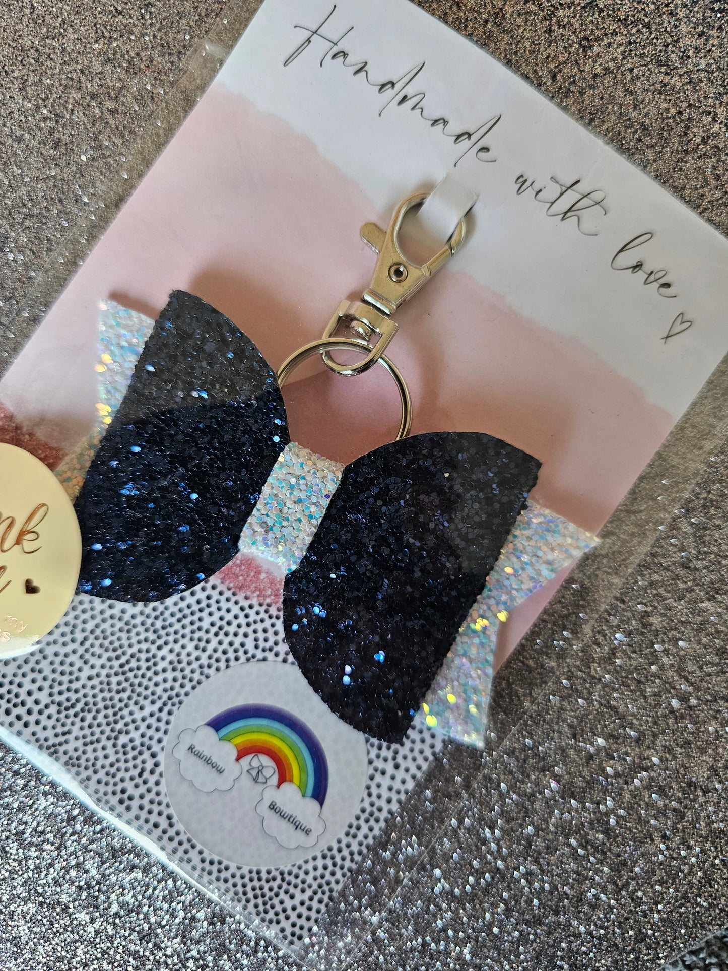 Navy and white glitter keyring bow