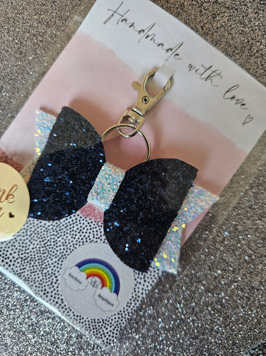 Navy and white glitter keyring bow